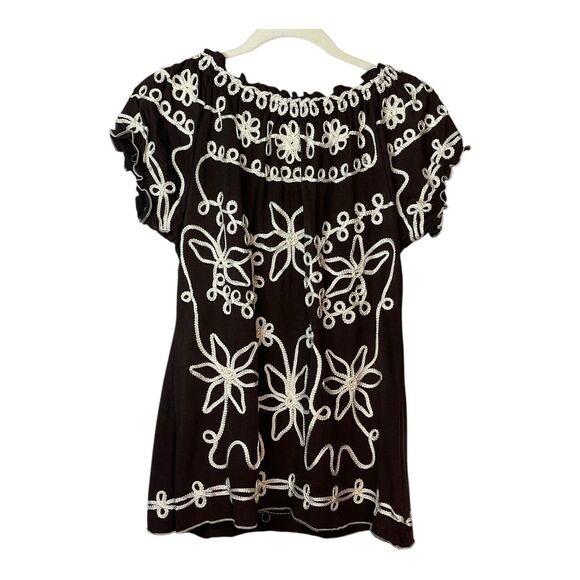 Lauren Michelle Floral Embellished Embroidery White On Brown Ruffled Tunic Top - Picture 2 of 6